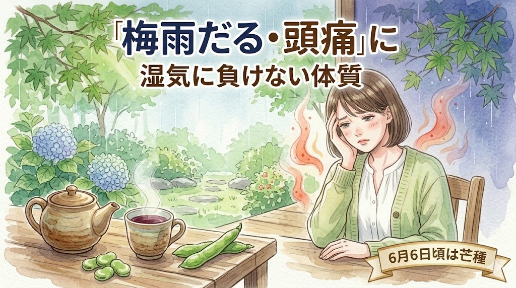 芒種の養生ブログ記事サムネイル。深緑の葉の間をシトシトと降る春の雨を背景に、窓辺に濡れた紫陽花が咲く。中央の若い日本人女性（短い茶色の髪、ライトグリーンのカレンディガン）が、頬に手を当てて少しだるそうな表情。彼女の周囲には Managed imbalance（管理された不調）のエフェクトが漂う。彼女の手前の木のテーブルには、とうもろこしのヒゲ茶とそら豆が並ぶ。「梅雨だる・頭痛に」「湿気に負けない体体質」「6月6日頃は芒種」という文字。水彩イラスト。