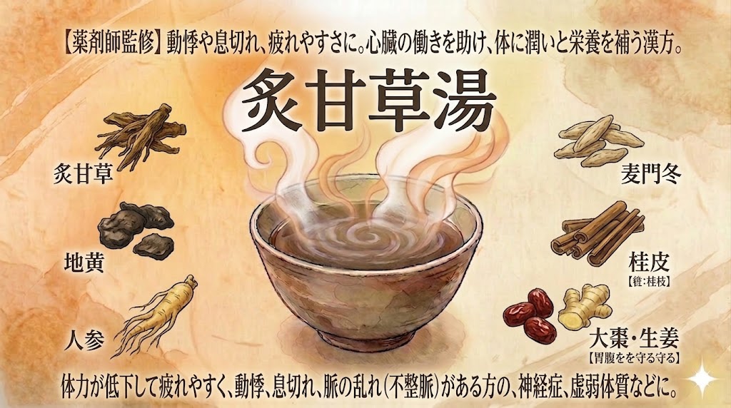 和紙のようなテクスチャの背景に、漢方薬「炙甘草湯」の効能と構成生薬を紹介するイラスト図解。 中央上部に大きく「炙甘草湯」の文字があり、その下に湯気の立つ漢方薬の入った和風の茶碗が描かれている。 その周囲に、以下の6つの構成生薬のイラストが名称とともに配置されている。 左側: 上から炙甘草（しゃかんぞう）、地黄（じおう）、人参（にんじん）。 右側: 上から麦門冬（ばくもんどう）、桂皮（けいひ、補足：桂枝）、大棗・生姜（たいそう・しょうきょう、補足：胃腹を守る）。 画像の上部には「【薬剤師監修】動悸や息切れ、疲れやすさに。心臓の働きを助け、体に潤いと栄養を補う漢方。」という説明テキストがある。 下部には「体力が低下して疲れやすく、動悸、息切れ、脈の乱れ（不整脈）がある方の、神経症、虚弱体質などに。」と適応症が記載されている。