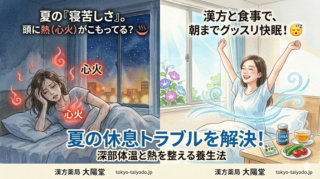 水彩画風のBefore/Afterイラスト。左側は、熱帯夜に汗をかき、胸や頭に熱(心火)がこもって寝苦しそうな女性と「夏の『寝苦しさ』。頭に熱(心火)がこもってる?」の文字。右側は、爽やかな朝の光の中でスッキリと目覚め、笑顔で背伸びをする女性と「漢方と食事で、朝までグッスリ快眠!」の文字。下部には大きく「夏の休息トラブルを解決!深部体温と熱を整える養生法」のタイトルと「漢方薬局 太陽堂」のロゴが配置されている。