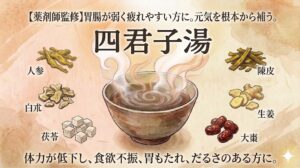 和風水彩画調で描かれた漢方薬「四君子湯(しくんしとう)」の解説サムネイル画像。和紙のような質感の背景に、上部には「【薬剤師監修】胃腸が弱く疲れやすい方に。元気を根本から補う。」というキャッチコピーと、中央に大きな文字で「四君子湯」の名称が配置されている。中央には湯気が立ち上る煎じ薬の器があり、その周囲を構成生薬(人参、白朮、茯苓、陳皮、生姜、大棗)のイラストと名称が囲んでいる。下部には「体力が低下し、食欲不振、胃もたれ、だるさのある方に。」と記載されている。