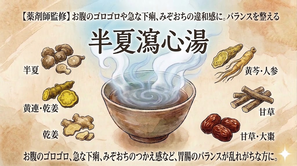 和紙のような質感の背景に、漢方薬「半夏瀉心湯」（はんげしゃしんとう）の説明イラスト。 中央には湯気が立つ渦を巻いた薬湯が入った器が置かれ、その周囲に構成生薬のイラストが名称とともに配置されている。上部には「【薬剤師監修】お腹のゴロゴロや急な下痢、みぞおちの違和感に。バランスを整える」というテキスト、中央上部には大きな筆文字で「半夏瀉心湯」と書かれている。 周囲の生薬は、左側に半夏（はんげ）、黄連・乾姜（おうれん・かんきょう）、乾姜（かんきょう）、右側に黄芩・人参（おうごん・にんじん）、甘草（かんぞう）、甘草・大棗（かんぞう・たいそう）が描かれている。 下部には「お腹のゴロゴロ、急な下痢、みぞおちのつかえ感など、胃腸のバランスが乱れがちな方に。」という説明テキストが記載されている。