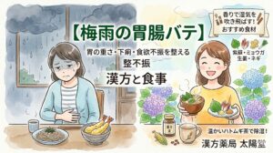 「【梅雨の胃腸バテ】」「胃の重さ・下痢・食欲不振を整える漢方と食事」というタイトル文字。梅雨の雨の日、胃が重くぐったりとしている不調な状態（左）から、漢方と食事でスッキリと元気になった笑顔の女性（右）の姿が、優しい水彩イラストで描かれている。右下に「漢方薬局 太陽堂」のロゴ。