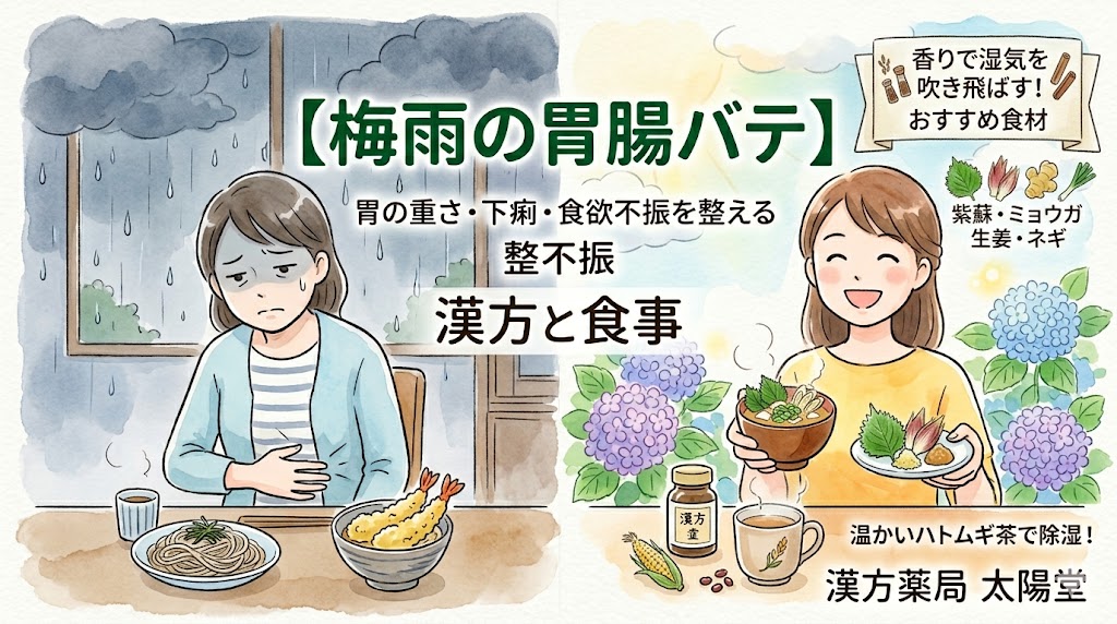 「【梅雨の胃腸バテ】」「胃の重さ・下痢・食欲不振を整える漢方と食事」というタイトル文字。梅雨の雨の日、胃が重くぐったりとしている不調な状態（左）から、漢方と食事でスッキリと元気になった笑顔の女性（右）の姿が、優しい水彩イラストで描かれている。右下に「漢方薬局 太陽堂」のロゴ。