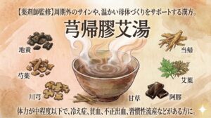 日本の伝統的な和紙風の背景を持つ、温かみのある水彩画調の漢方アイキャッチ。中央には温かい湯気が立ち上る煎じ薬の器が配置されている。その上に、大きな黒い筆文字で「芎帰膠艾湯」と書かれている。上部には「【薬剤師監修】周期外のサインや、温かい母体づくりをサポートする漢方。」という小さな文字が、下部には「体力が中程度以下で、冷え症、貧血、不正出血、習慣性流産などがある方に。」という文字が、それぞれ配置されている。中央の煎じ薬を囲むように、以下の7つの構成生薬が水彩イラストで配置されている。地黄（乾燥根）、芍薬（乾燥根の切片）、川芎（模様のある横断面の根）、当帰（乾燥根）、艾葉（新鮮な緑と乾燥したヨモギの葉）、阿膠（濃く艶のあるゼラチン塊）、甘草（薄い乾燥甘草の棒）。右下には様式化された星のような光のアイコンが配置されている。全体的に、安心感のある優しい色調と構成。