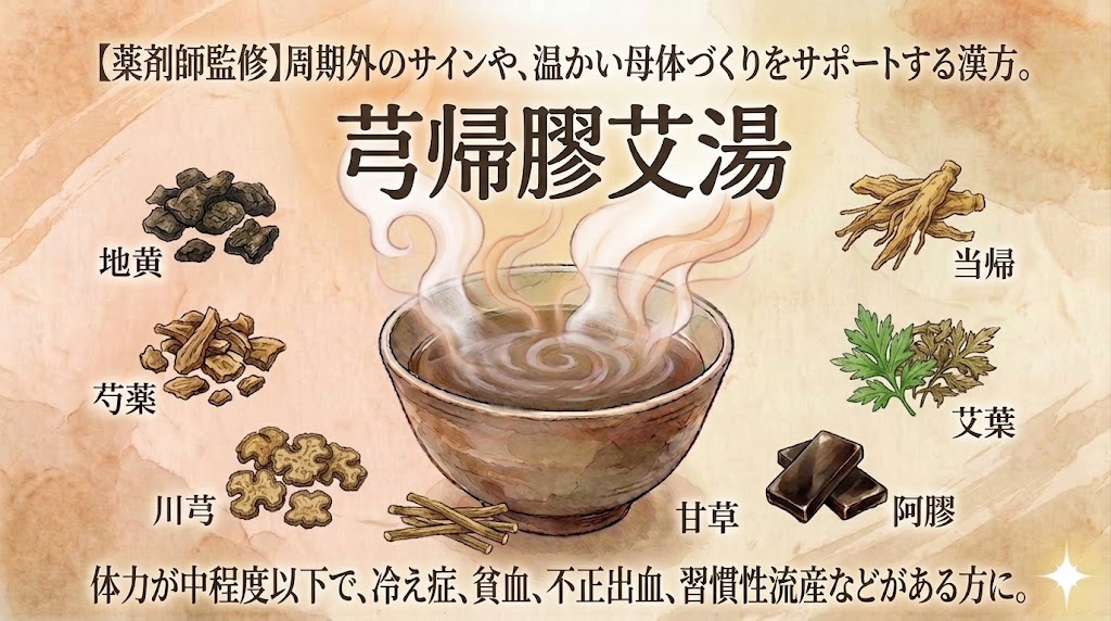 日本の伝統的な和紙風の背景を持つ、温かみのある水彩画調の漢方アイキャッチ。中央には温かい湯気が立ち上る煎じ薬の器が配置されている。その上に、大きな黒い筆文字で「芎帰膠艾湯」と書かれている。上部には「【薬剤師監修】周期外のサインや、温かい母体づくりをサポートする漢方。」という小さな文字が、下部には「体力が中程度以下で、冷え症、貧血、不正出血、習慣性流産などがある方に。」という文字が、それぞれ配置されている。中央の煎じ薬を囲むように、以下の7つの構成生薬が水彩イラストで配置されている。地黄（乾燥根）、芍薬（乾燥根の切片）、川芎（模様のある横断面の根）、当帰（乾燥根）、艾葉（新鮮な緑と乾燥したヨモギの葉）、阿膠（濃く艶のあるゼラチン塊）、甘草（薄い乾燥甘草の棒）。右下には様式化された星のような光のアイコンが配置されている。全体的に、安心感のある優しい色調と構成。