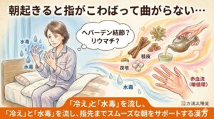 朝の指のこわばりをテーマにしたインフォグラフィック。上部に「朝起きると指がこわばって曲がらない…」のタイトル。左側にはパジャマ姿の女性がベッドに座り、青い冷気と「水毒」の水滴に覆われた手を見つめ、「ヘバーデン結節？リウマチ？」と不安げにしている。中央からは、桂皮や茯苓などの生薬を含んだ黄金色と薄紅色の温かいオーラが流れ込み、冷気を優しく押し返している。右側には、血流が温かく巡り、急須でお茶を淹れたりスムーズに開いたりする手元が希望として描かれている。下部のオレンジ色の帯には白文字で「『冷え』と『水毒』を流し、指先までスムーズな朝をサポートする漢方」と記載。右下に方漢太陽堂のスタンプ。
