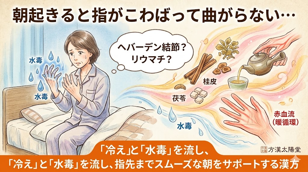 朝の指のこわばりをテーマにしたインフォグラフィック。上部に「朝起きると指がこわばって曲がらない…」のタイトル。左側にはパジャマ姿の女性がベッドに座り、青い冷気と「水毒」の水滴に覆われた手を見つめ、「ヘバーデン結節？リウマチ？」と不安げにしている。中央からは、桂皮や茯苓などの生薬を含んだ黄金色と薄紅色の温かいオーラが流れ込み、冷気を優しく押し返している。右側には、血流が温かく巡り、急須でお茶を淹れたりスムーズに開いたりする手元が希望として描かれている。下部のオレンジ色の帯には白文字で「『冷え』と『水毒』を流し、指先までスムーズな朝をサポートする漢方」と記載。右下に方漢太陽堂のスタンプ。