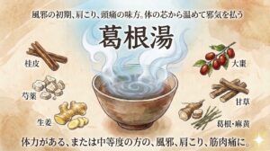和紙のようなテクスチャの背景に、漢方薬「葛根湯」の効能と構成生薬を解説するイラスト図解。 上部には「風邪の初期、肩こり、頭痛の味方。体の芯から温めて邪気を払う」というキャッチコピーがあり、中央に大きく「葛根湯」と書かれています。 中央には湯気の立つ薬湯が入った和風の茶碗が描かれ、その周囲に葛根湯を構成する6つの生薬(左側に桂皮、芍薬、生姜、右側に大棗、甘草、葛根・麻黄)のイラストが名称とともに配置されています。 下部には「体力がある、または中等度の方の、風邪、肩こり、筋肉痛に。」と適応症が記載されています。