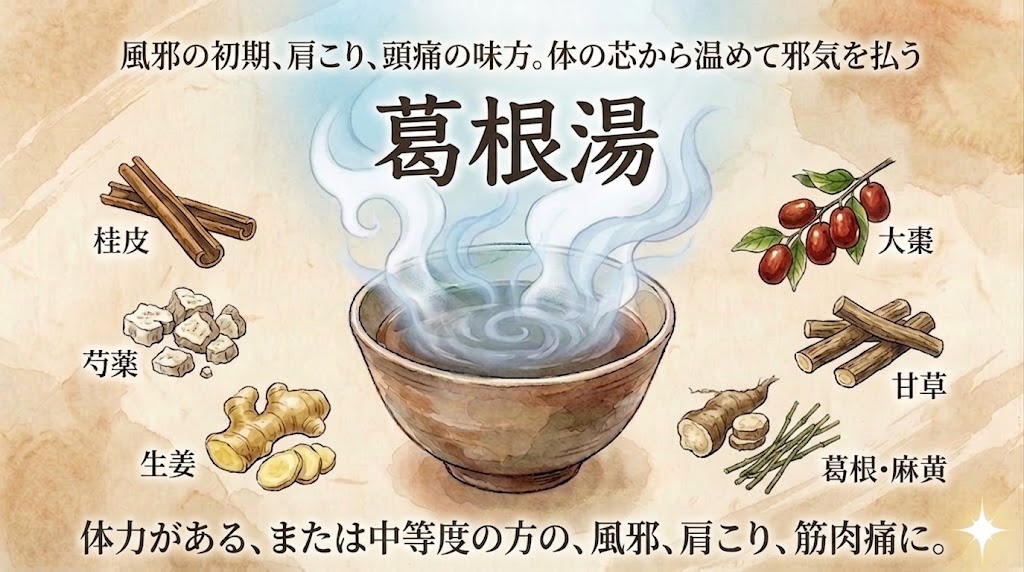 和紙のようなテクスチャの背景に、漢方薬「葛根湯」の効能と構成生薬を解説するイラスト図解。 上部には「風邪の初期、肩こり、頭痛の味方。体の芯から温めて邪気を払う」というキャッチコピーがあり、中央に大きく「葛根湯」と書かれています。 中央には湯気の立つ薬湯が入った和風の茶碗が描かれ、その周囲に葛根湯を構成する6つの生薬(左側に桂皮、芍薬、生姜、右側に大棗、甘草、葛根・麻黄)のイラストが名称とともに配置されています。 下部には「体力がある、または中等度の方の、風邪、肩こり、筋肉痛に。」と適応症が記載されています。