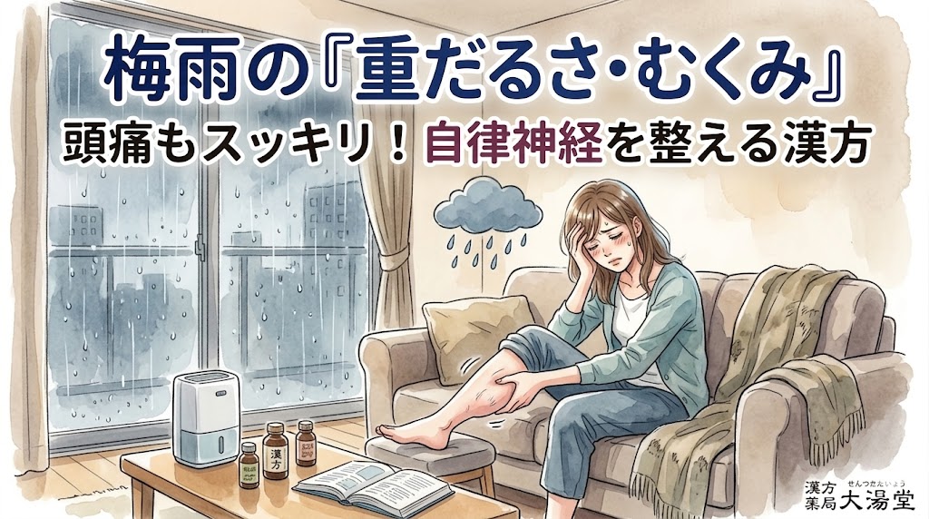「梅雨の時期、部屋の中でソファに座り、頭痛と足のむくみに悩む女性の水彩イラスト。窓の外は雨。女性の頭の上には小さな雨雲があり、片手で頭を押さえ、もう片方の手でむくんだ足をさすっている。テーブルには加湿器と漢方薬の瓶がある。画像上部には『梅雨の「重だるさ・むくみ」頭痛もスッキリ！自律神経を整える漢方』というテキスト、右下には『漢方 薬局 大湯堂』のロゴがある。」