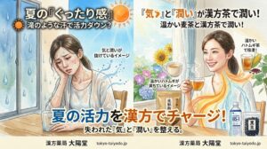 水彩画風のBefore/Afterイラスト。左側は、強い日差しの下で滝のように汗をかき、ぐったりと疲れた様子の女性。体から気と潤いが抜けていく様子が描かれ、「夏の『ぐったり感』滝のような汗で活力ダウン?」のテキスト。右側は、ひまわりなど夏の花を背景に、経口補水液や漢方茶を取り入れて笑顔でくつろぐ女性。体に気と潤いが満ちる様子が温かい光で表現されている。下部には大きく「夏の活力を漢方でチャージ!失われた『気』と『潤い』を整える。」のタイトルと「漢方薬局 太陽堂」のロゴ。