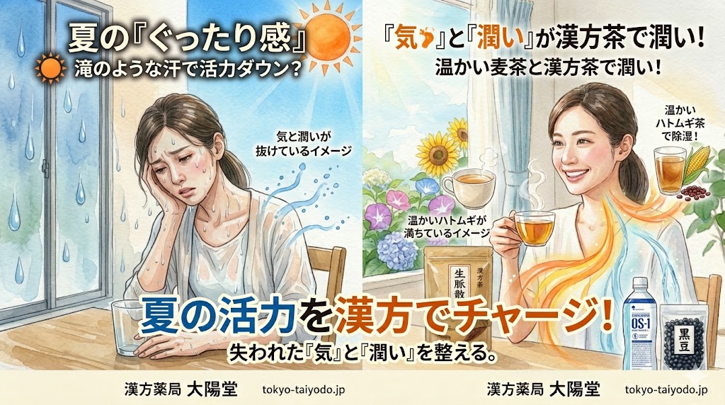 水彩画風のBefore/Afterイラスト。左側は、強い日差しの下で滝のように汗をかき、ぐったりと疲れた様子の女性。体から気と潤いが抜けていく様子が描かれ、「夏の『ぐったり感』滝のような汗で活力ダウン？」のテキスト。右側は、ひまわりなど夏の花を背景に、経口補水液や漢方茶を取り入れて笑顔でくつろぐ女性。体に気と潤いが満ちる様子が温かい光で表現されている。下部には大きく「夏の活力を漢方でチャージ！失われた『気』と『潤い』を整える。」のタイトルと「漢方薬局 太陽堂」のロゴ。