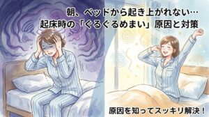 朝、ベッドから起き上がる時のぐるぐるめまい（BPPVなど）の原因と対策を表したイラスト。「朝、ベッドから起き上がれない…起床時の『ぐるぐるめまい』原因と対策」の文字。