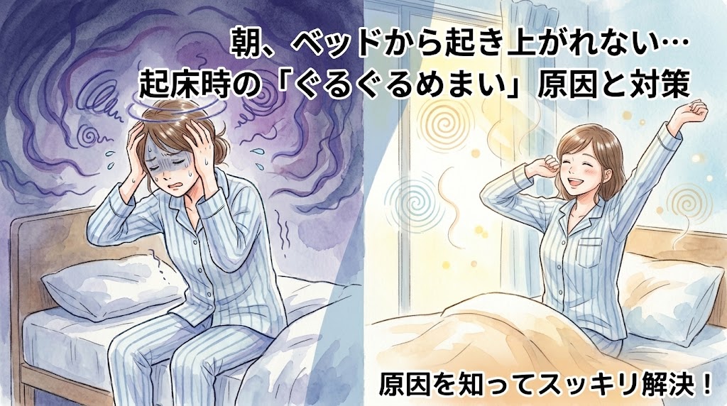 朝、ベッドから起き上がる時のぐるぐるめまい（BPPVなど）の原因と対策を表したイラスト。「朝、ベッドから起き上がれない…起床時の『ぐるぐるめまい』原因と対策」の文字。
