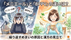 「メニエール病」と「BPPV」の違いに悩み混乱する様子と、漢方を取り入れてめまいから解放され安心している姿を対比させたイラスト。「『メニエール』と『BPPV』の違いは？」「繰り返すめまいの原因と漢方の見立て」の文字。