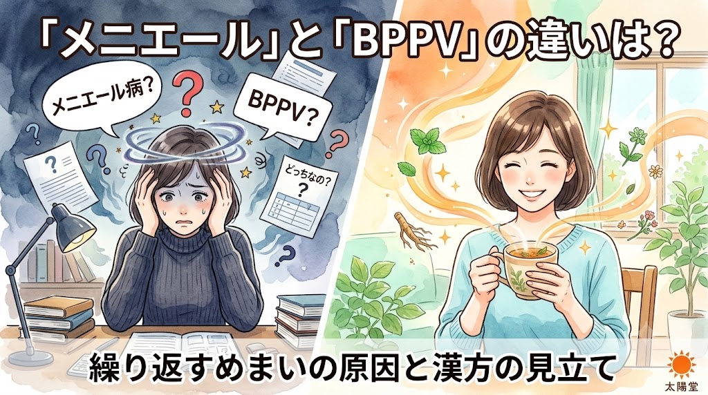 「メニエール病」と「BPPV」の違いに悩み混乱する様子と、漢方を取り入れてめまいから解放され安心している姿を対比させたイラスト。「『メニエール』と『BPPV』の違いは？」「繰り返すめまいの原因と漢方の見立て」の文字。