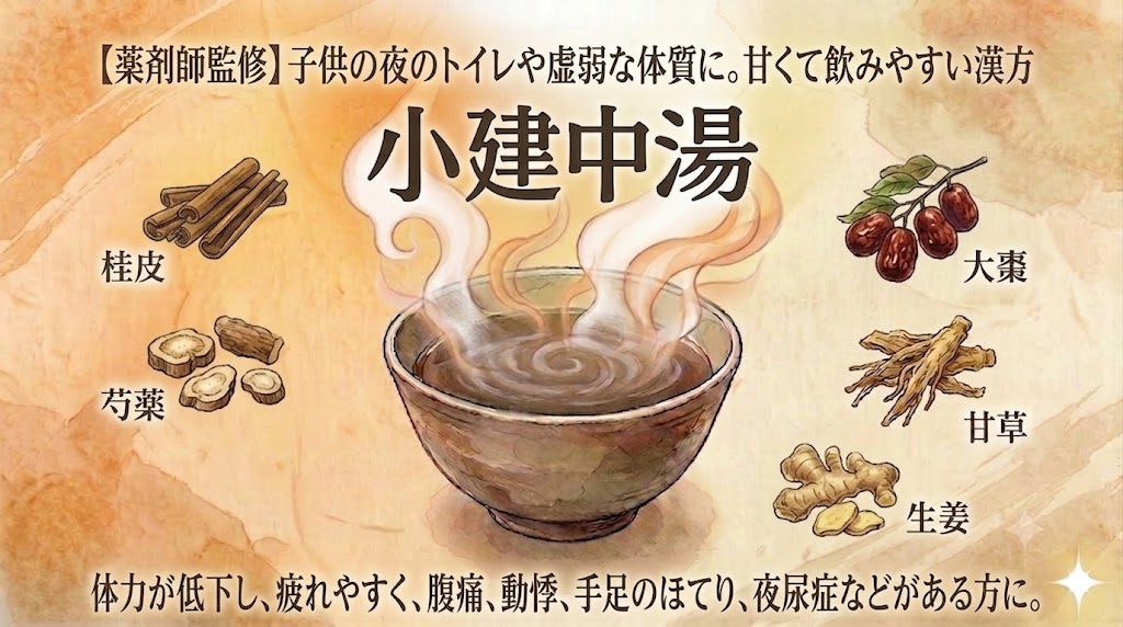 和紙のような質感の背景に描かれた、漢方薬「小建中湯」(しょうけんちゅうとう)の解説イラスト。最上部には「【薬剤師監修】子供の夜のトイレや虚弱な体質に。甘くて飲みやすい漢方」とあり、中央には大きな「小建中湯」の文字と、湯気の立つ和風のお椀が描かれています。お椀の周囲には、左上から桂皮(ケイヒ、シナモンスティック)、左下に芍薬(シャクヤク)、右上に大棗(タイソウ)、中右に甘草(カンゾウ)、右下に生姜(ショウキョウ)のイラストと名前が配置されています。最下部には「体力が低下し、疲れやすく、腹痛、動悸、手足のほてり、夜尿症などがある方に。」という説明文があります。右下には小さな光の星のマークがあります。
