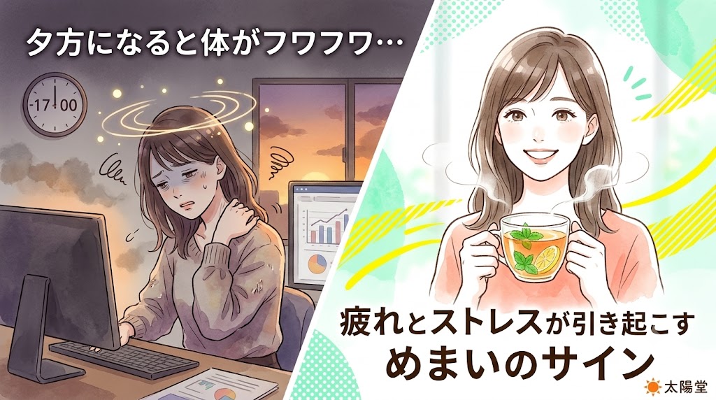 夕方になると体がフワフワするめまい（疲れとストレスが原因）と、その改善を表したイラスト。「夕方になると体がフワフワ…疲れとストレスが引き起こすめまいのサイン」の文字。