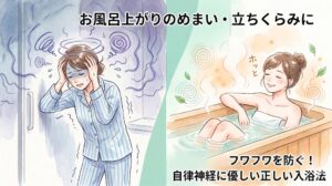めまいを防ぐ入浴法の見直しポイント。熱いお湯や全身浴などの「NGな入浴法」と、ぬるめのお湯や半身浴などの自律神経に優しい「OKな入浴法」を比較したイラスト表。