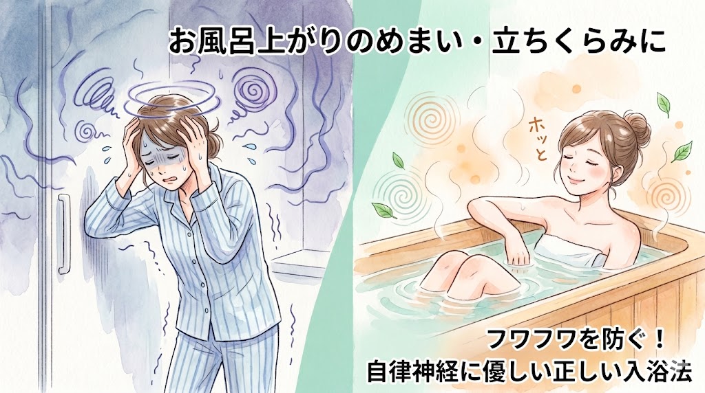 めまいを防ぐ入浴法の見直しポイント。熱いお湯や全身浴などの「NGな入浴法」と、ぬるめのお湯や半身浴などの自律神経に優しい「OKな入浴法」を比較したイラスト表。