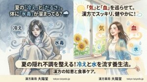 水彩画風のイラストで描かれた夏の養生法のBefore/After。左側は、クーラー冷えやだるさに悩み、毛布を被って辛そうな表情の女性と「夏の『冷え』と『だるさ』。体に『水毒』が溜まってる？」の文字。右側は、漢方で体内の「気・血・水」の巡りが改善し、爽やかな朝の光の中で笑顔で過ごす女性と「『気』と『血』を巡らせて。漢方でスッキリ、健やかに！」の文字。中央下部には大きく「夏の隠れ不調を整える！冷えと水を流す養生法。漢方の知恵と食事ケア。」のタイトルと「漢方薬局 太陽堂」のロゴが配置されている。