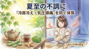 夏至の養生ブログ記事サムネイル。窓の外には夏至の眩しい太陽と青々とした新緑が見える一方、室内には薄青い冷房の冷気が漂っている。中央の若い日本人女性(短い茶色の髪)が、サマーニットの上に羽織ったカーディガンを引き寄せ、二の腕をさすって冷えに震えている(冷房冷えの表現)。手前の素朴な木のテーブルには、湯気の立つ温かいお茶、生の生姜、緑のシソの葉が置かれている。「夏至の不調に」「『冷房冷え・気圧頭痛』を防ぐ体質」「6月21日頃は夏至」という文字。水彩イラスト。