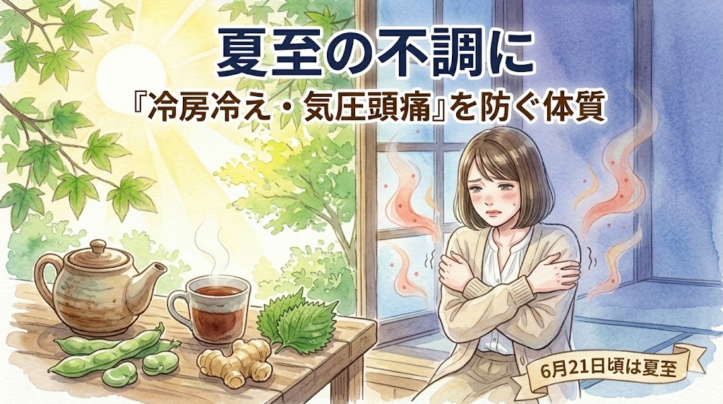 夏至の養生ブログ記事サムネイル。窓の外には夏至の眩しい太陽と青々とした新緑が見える一方、室内には薄青い冷房の冷気が漂っている。中央の若い日本人女性(短い茶色の髪)が、サマーニットの上に羽織ったカーディガンを引き寄せ、二の腕をさすって冷えに震えている(冷房冷えの表現)。手前の素朴な木のテーブルには、湯気の立つ温かいお茶、生の生姜、緑のシソの葉が置かれている。「夏至の不調に」「『冷房冷え・気圧頭痛』を防ぐ体質」「6月21日頃は夏至」という文字。水彩イラスト。