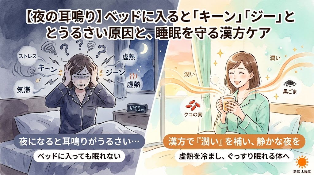 夜ベッドに入ると「キーン」「ジー」とうるさい耳鳴りに悩んで眠れない様子と、漢方で体の「潤い」を補って静かな夜を取り戻した姿を対比させたイラスト。「【夜の耳鳴り】ベッドに入ると『キーン』『ジー』とうるさい原因と、睡眠を守る漢方ケア」の文字。