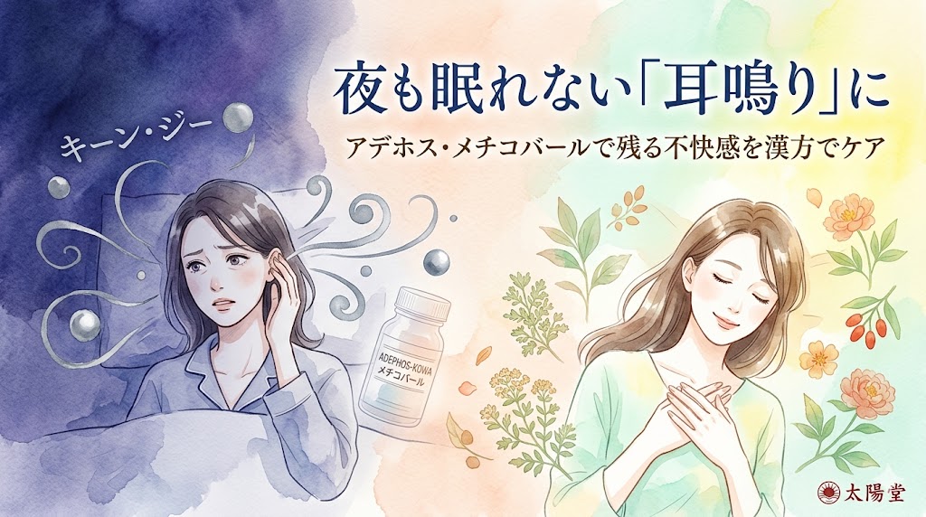 夜も眠れない耳鳴りの不快感から解放され、穏やかに安らいでいる女性の水彩画イラスト。「夜も眠れない『耳鳴り』に アデホス・メチコバールで残る不快感を漢方でケア」の文字。