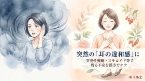 突然の耳の違和感や不安から解放され、穏やかに微笑んでいる女性の水彩画イラスト。「突然の『耳の違和感』に 突発性難聴・ステロイド等で残る不安を漢方でケア」の文字。