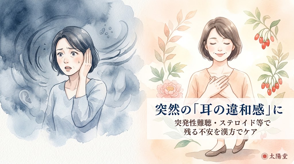 突然の耳の違和感や不安から解放され、穏やかに微笑んでいる女性の水彩画イラスト。「突然の『耳の違和感』に 突発性難聴・ステロイド等で残る不安を漢方でケア」の文字。
