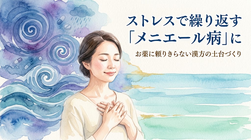 ストレスによるメニエール病の不安から解放され、胸に手を当てて安らいでいる女性の水彩画イラスト。「ストレスで繰り返す『メニエール病』に お薬に頼りきらない漢方の土台づくり」の文字。