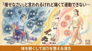 「痩せなさい」と言われても痛くて運動できないジレンマを抱える女性が、漢方（生薬）の温かい巡りによって水毒や冷え（気虚・瘀血）が解消され、体が軽くなって笑顔で歩き出す様子を描いた対比イラスト。「『痩せなさい』と言われるけれど痛くて運動できない…」「体を軽くして巡りを整える漢方」というテキストが添えられています。