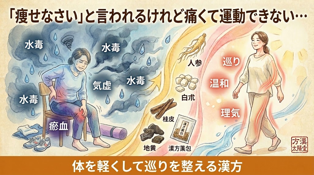 「痩せなさい」と言われても痛くて運動できないジレンマを抱える女性が、漢方（生薬）の温かい巡りによって水毒や冷え（気虚・瘀血）が解消され、体が軽くなって笑顔で歩き出す様子を描いた対比イラスト。「『痩せなさい』と言われるけれど痛くて運動できない…」「体を軽くして巡りを整える漢方」というテキストが添えられています。