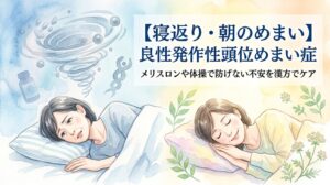 良性発作性頭位めまい症(BPPV)のめまいの恐怖から解放され、安らかに眠る女性の水彩画イラスト。「【寝返り・朝のめまい】良性発作性頭位めまい症 メリスロンや体操で防げない不安を漢方でケア」の文字。