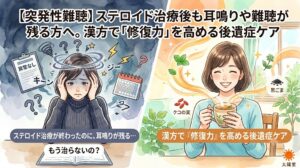 突発性難聴のステロイド治療後も耳鳴りや難聴が残り絶望する様子と、漢方の後遺症ケアで修復力を高め笑顔を取り戻した姿を対比させたイラスト。「ステロイド治療後に残る耳鳴り・難聴」「漢方で高める『修復力』」の文字。