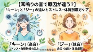 耳鳴りの音の種類による原因の違いを比較したイラスト。左側はストレスや自律神経の乱れによる「キーン」という高音、右側は過労や加齢による「ジー」という低音の耳鳴りに悩む女性を描き分けている。「【耳鳴りの音で原因が違う？】『キーン』と『ジー』の違いとストレス・体質別漢方ケア」の文字。