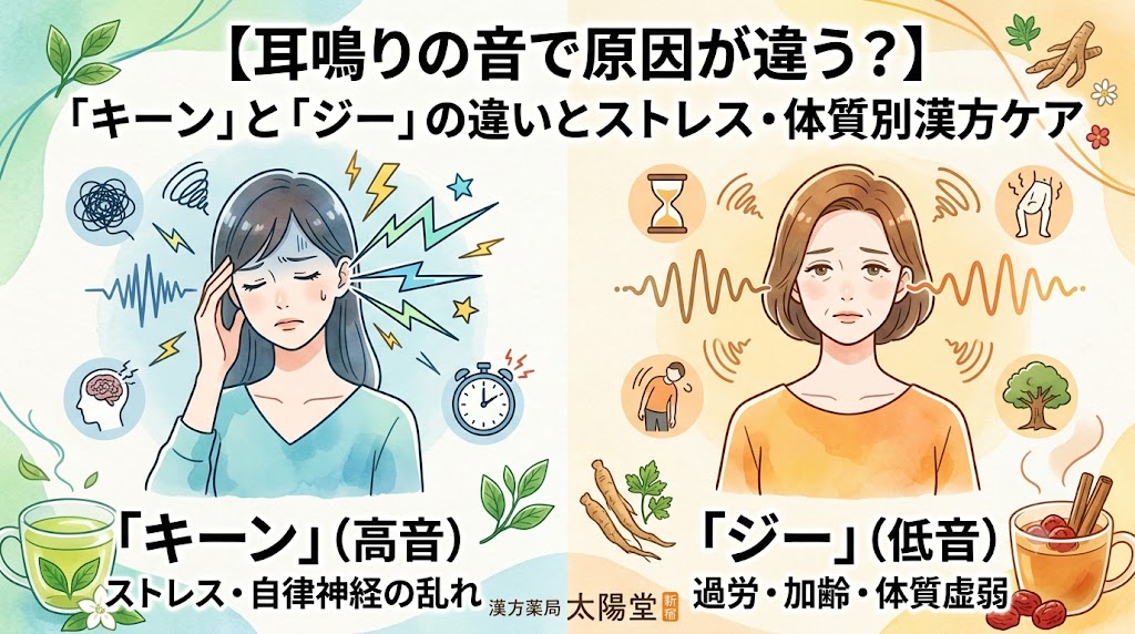 耳鳴りの音の種類による原因の違いを比較したイラスト。左側はストレスや自律神経の乱れによる「キーン」という高音、右側は過労や加齢による「ジー」という低音の耳鳴りに悩む女性を描き分けている。「【耳鳴りの音で原因が違う？】『キーン』と『ジー』の違いとストレス・体質別漢方ケア」の文字。