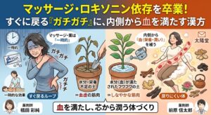 「揉んでも揉んでもすぐ戻る『ガチガチ』依存を脱却！内側から血（栄養・潤い）を満たす漢方の根本アプローチ」と書かれた太陽堂の解説用サムネイル画像。左側には青い背景で、マッサージに依存し、腰の痛みに顔をしかめる女性のイラストと「マッサージ・ロキソニンは『一時的』」、「すぐ戻る」の文字。中央には植木鉢の土の例えがあり、乾燥して固まった土と水をたっぷりやりフワフワの土が対比され「水分・栄養不足の土＝血虚の筋肉」と記載されている。右側には温かいオレンジの背景で、漢方で内側から潤い、笑顔でリラックスする女性のイラストと「内側から血を満たす」、「戻りにくい体づくり」の文字が対比して描かれている。下部には、生薬やteapotのアイコンとともに「血を満たし、芯から潤う体づくり」と記載されている。薬剤師のコメントアイコンも配置されている。
