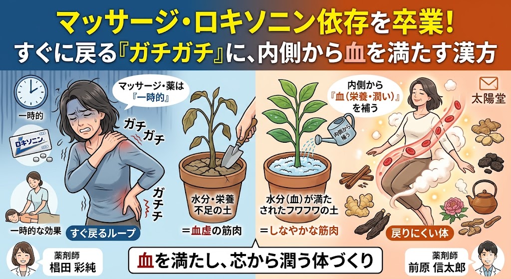 「揉んでも揉んでもすぐ戻る『ガチガチ』依存を脱却！内側から血（栄養・潤い）を満たす漢方の根本アプローチ」と書かれた太陽堂の解説用サムネイル画像。左側には青い背景で、マッサージに依存し、腰の痛みに顔をしかめる女性のイラストと「マッサージ・ロキソニンは『一時的』」、「すぐ戻る」の文字。中央には植木鉢の土の例えがあり、乾燥して固まった土と水をたっぷりやりフワフワの土が対比され「水分・栄養不足の土＝血虚の筋肉」と記載されている。右側には温かいオレンジの背景で、漢方で内側から潤い、笑顔でリラックスする女性のイラストと「内側から血を満たす」、「戻りにくい体づくり」の文字が対比して描かれている。下部には、生薬やteapotのアイコンとともに「血を満たし、芯から潤う体づくり」と記載されている。薬剤師のコメントアイコンも配置されている。