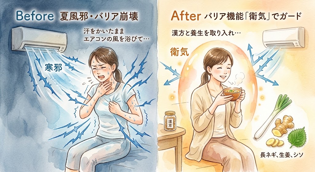 夏風邪や長引く咳の原因となる「バリア機能（衛気）の低下」を解説するBefore/After水彩イラスト。左側は汗をかいたままエアコンの冷風を浴びて咳き込む女性と「冷風（寒邪）が入り込み、喉が痛い…」の文字。右側は首元を守り、温かいスープを飲んで笑顔の女性と「『衛気』を補って、免疫のバリアを張る！」の文字。下部には「夏風邪・エアコン風邪を防ぐ！バリア機能を立て直す養生法」のタイトルと太陽堂のロゴ。
