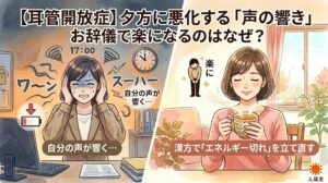 耳管開放症で夕方に悪化する「自分の声が響く」症状と、お辞儀で楽になる理由、そして漢方でのケアを解説したサムネイル画像。左側には夕方に職場で耳の不快感に悩む女性、右側には温かい飲み物でエネルギーを補いリラックスする女性が描かれています。