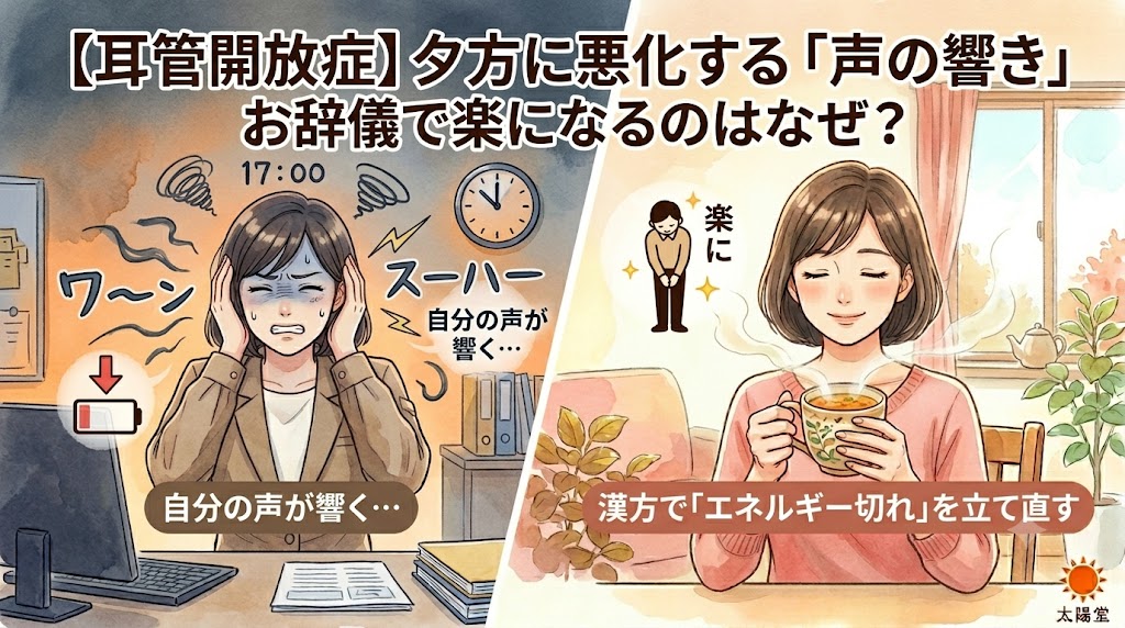 耳管開放症で夕方に悪化する「自分の声が響く」症状と、お辞儀で楽になる理由、そして漢方でのケアを解説したサムネイル画像。左側には夕方に職場で耳の不快感に悩む女性、右側には温かい飲み物でエネルギーを補いリラックスする女性が描かれています。