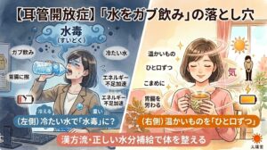 耳管開放症における間違った水分補給と正しい水分補給を対比した図解イラスト。左側は冷たい水をガブ飲みして胃腸が冷え「水毒」になっている様子、右側は温かい飲み物をひと口ずつ飲んで胃腸を労わり、エネルギーを補給している様子を描いています。