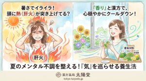 夏のイライラやメンタル不調の原因となる「肝火（かんか）」を解説するBefore/After水彩イラスト。左側は暑さのストレスで頭に熱（肝火）が突き上げ、眉間にシワを寄せてイライラしている女性と「暑さでイライラ！頭に熱（肝火）が突き上げてる？」の文字。右側は漢方や香味野菜を取り入れ、心穏やかにリラックスしている女性と「『香り』と漢方で、心穏やかにクールダウン！」の文字。下部には大きく「夏のメンタル不調を整える！『気』を巡らせる養生法」のタイトルと「漢方薬局 太陽堂」のロゴが配置されている。