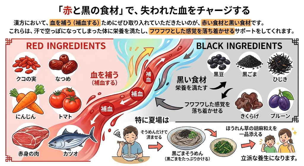 漢方における「血を補う食材」を解説した図解イラストです。
左側には「赤い食材(クコの実、なつめ、にんじん、トマト、赤身の肉、カツオ)」、右側には「黒い食材(黒豆、黒ごま、ひじき、きくらげ、プルーン)」がイラスト付きでまとめられています。
下部では夏の養生例として、シンプルなそうめんに黒ごまをたっぷりかけたり、ほうれん草の胡麻和えを添えたりして栄養を補う工夫が描かれています。