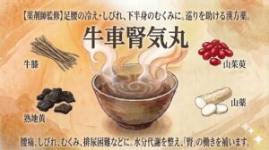 漢方薬「牛車腎気丸（ごしゃじんきがん）」の解説図。和紙風の温かみのある背景に、中央には湯気の立つ漢方お椀のイラストと「牛車腎気丸」の大きな文字が描かれています。 上部には「【薬剤師監修】足腰の冷え・しびれ、下半身のむくみに。巡りを助ける漢方薬。」というキャッチコピーがあります。 中央のお椀を囲むように、4つの生薬のイラストとラベルが配置されています。左上には細い根の「牛膝（ごしつ）」、右上には赤い実の「山茱萸（さんしゅゆ）」、右下にはスライスされた「山薬（さんやく）」、左下には黒い「熟地黄（じゅくじおう）」があります。 下部には「腰痛、しびれ、むくみ、排尿困難などに。水分代謝を整え、「腎」の働きを補います。」という説明文が書かれています。