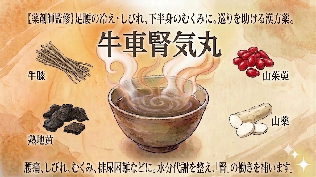 漢方薬「牛車腎気丸(ごしゃじんきがん)」の解説図。和紙風の温かみのある背景に、中央には湯気の立つ漢方お椀のイラストと「牛車腎気丸」の大きな文字が描かれています。 上部には「【薬剤師監修】足腰の冷え・しびれ、下半身のむくみに。巡りを助ける漢方薬。」というキャッチコピーがあります。 中央のお椀を囲むように、4つの生薬のイラストとラベルが配置されています。左上には細い根の「牛膝(ごしつ)」、右上には赤い実の「山茱萸(さんしゅゆ)」、右下にはスライスされた「山薬(さんやく)」、左下には黒い「熟地黄(じゅくじおう)」があります。 下部には「腰痛、しびれ、むくみ、排尿困難などに。水分代謝を整え、「腎」の働きを補います。」という説明文が書かれています。