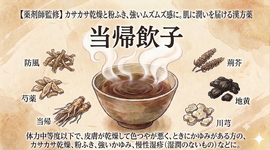 和紙風の質感のある背景に、漢方薬「当帰飲子（とうきいんし）」を紹介する伝統的なスタイルのイラスト解説図。 上部には「【薬剤師監修】カサカサ乾燥と粉ふき、強いムズムズ感に。肌に潤いを届ける漢方薬」とのテキストがあります。 中央には大きなタイトル「当帰飲子（とうきいんし）」と、湯気の立つお椀の中に「OK」のサインをした手が浮かぶイラストが描かれています。 その周囲を囲むように、左から時計回りに「防風（ぼうふう）」、「芍薬（しゃくやく）」、「当帰（とうき）」、「荊芥（けいがい）」、「地黄（じおう）」、「川芎（せんきゅう）」の6つの生薬のイラストと名前のラベルが配置されています。 下部には適応症の詳細説明として「体力中等度以下で、皮膚が乾燥して色つやが悪く、ときにかゆみがある方の、カサカサ乾燥、粉ふき、強いかゆみ、慢性湿疹（湿潤のないもの）などに。」というテキストが記載されています。