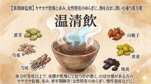 和紙のような質感のある背景に、漢方薬「温清飲（うんせいいん）」を解説するイラスト解説図。 上部には「【薬剤師監修】カサカサ乾燥と赤み、女性特有のゆらぎに。熱を冷まし潤いを補う漢方薬」とのテキスト。 中央には「温清飲」という大きなタイトルと、白と水色の湯気が立つ陶器のお椀が描かれている。お椀を囲むように、6つの生薬のイラストと名前が配置されている。左から反時計回りに「黄芩（おうごん）」「芍薬（しゃくやく）」「当帰（とうき）」、右から時計回りに「山梔子（さんしし）」「黄連（おうれん）」「地黄（じおう）」。 下部には適応症の詳細説明として「体力中等度以上で、皮膚が乾燥して色つやが悪く、のぼせ感がある方の、カサカサ乾燥、赤み、更年期障害（女性特有のゆらぎ）、慢性湿疹などに。」と書かれている。
